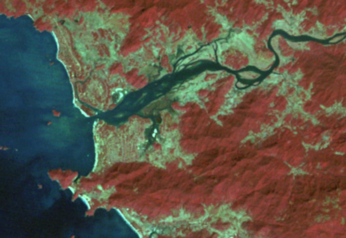 The Kali river from space in December 1972, trees shown in red